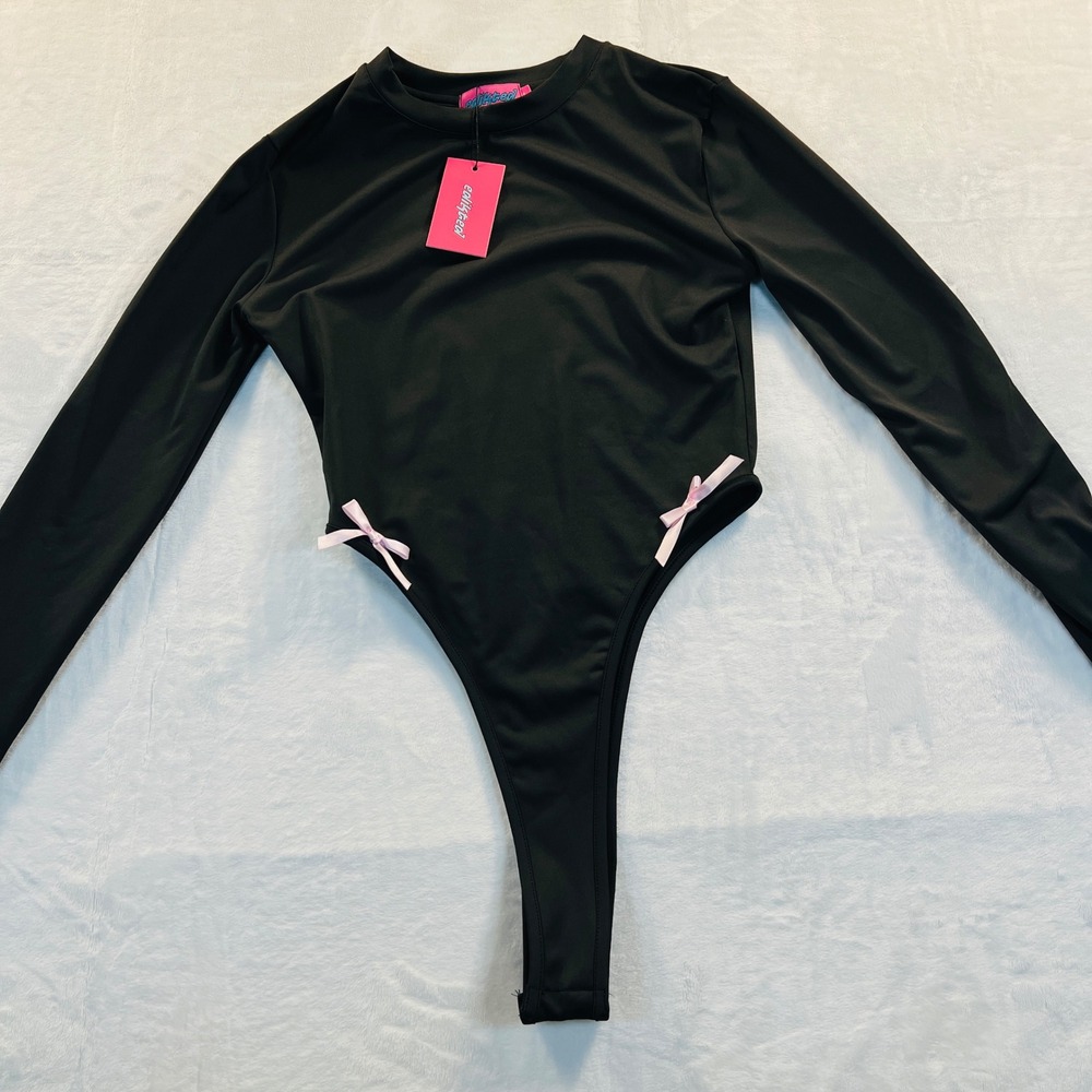 Edikted Black Long Sleeve Bodysuit Pink Bows High Cut S16022 Small NWT